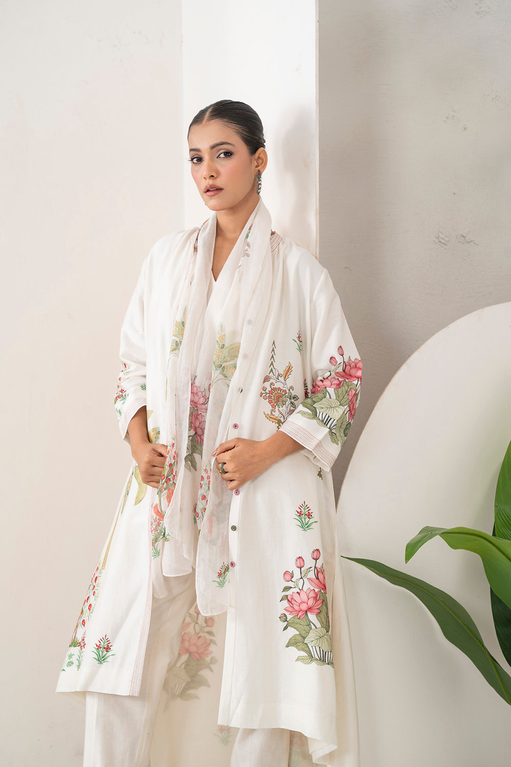 Ivory Silk Chanderi Miniature Art Printed High-Low Dress Set (3 PCS)