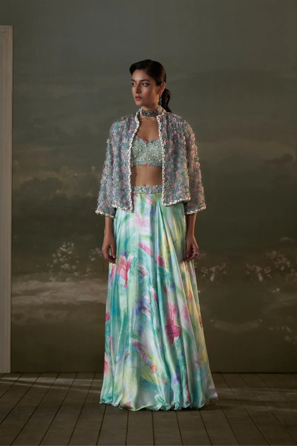 Turquoise Lehenga Choli Set With Jacket