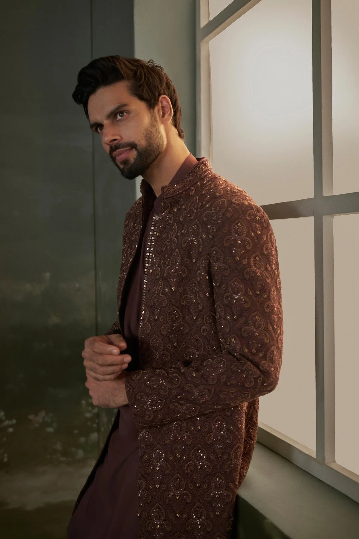 Brown Open Jacket Sherwani Set