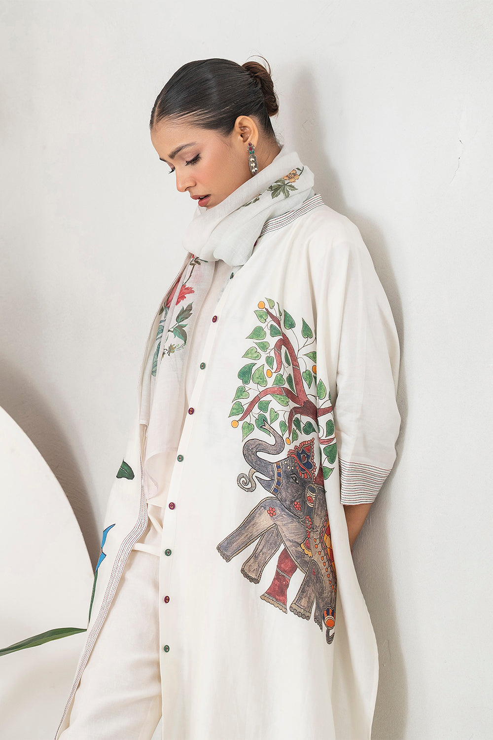 Ivory Silk Chanderi Elephant And Tropical Foliage Printed Kaftan Set (3 PCS)
