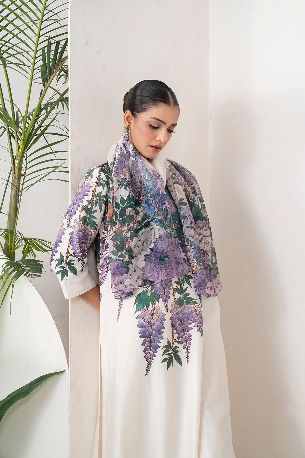 Ivory Silk Chanderi Side Panel Wisteria Printed Dress Set (2 PCS)