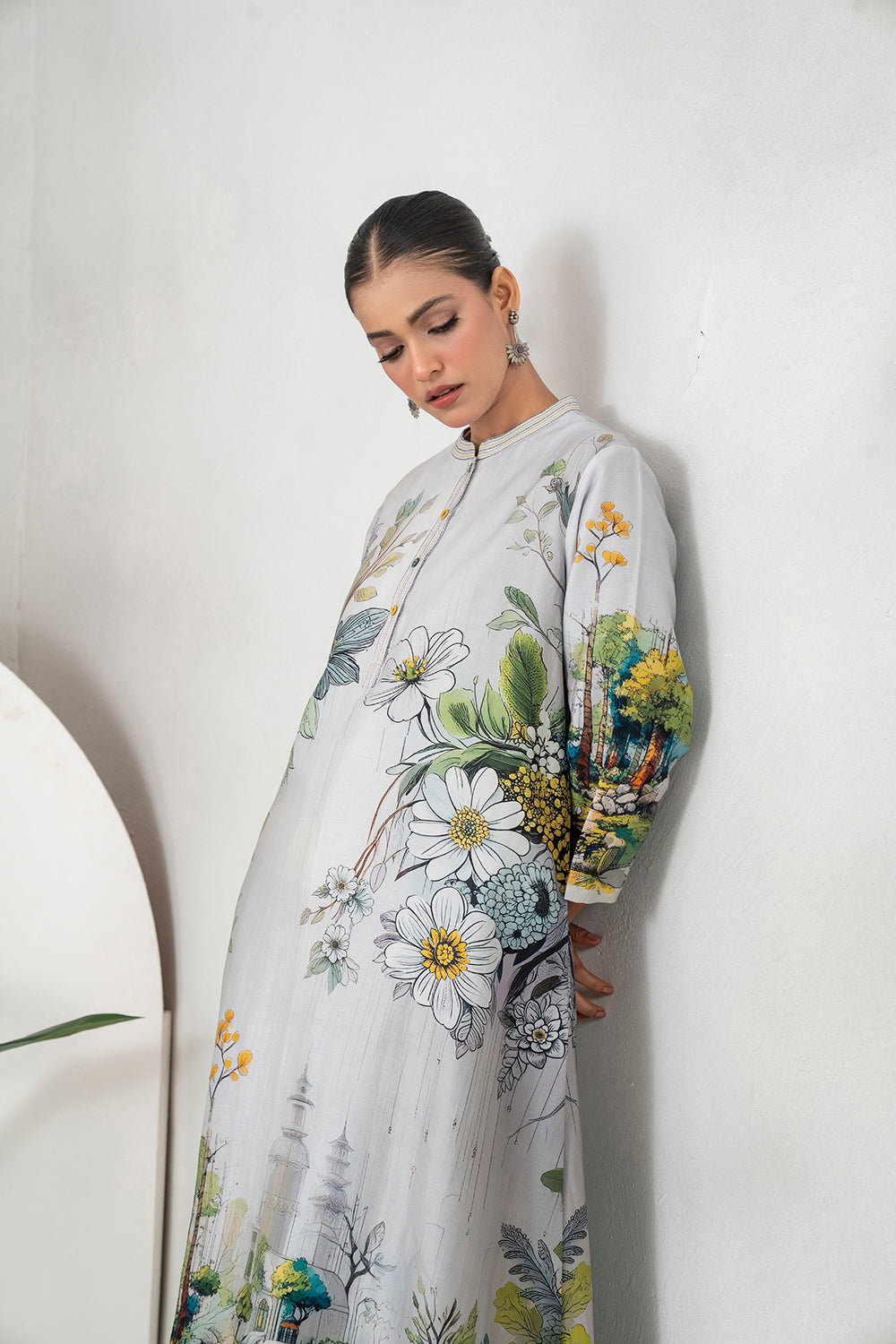 Grey Silk Chanderi Painterly Landscape Printed Tunic Set (2 PCS)