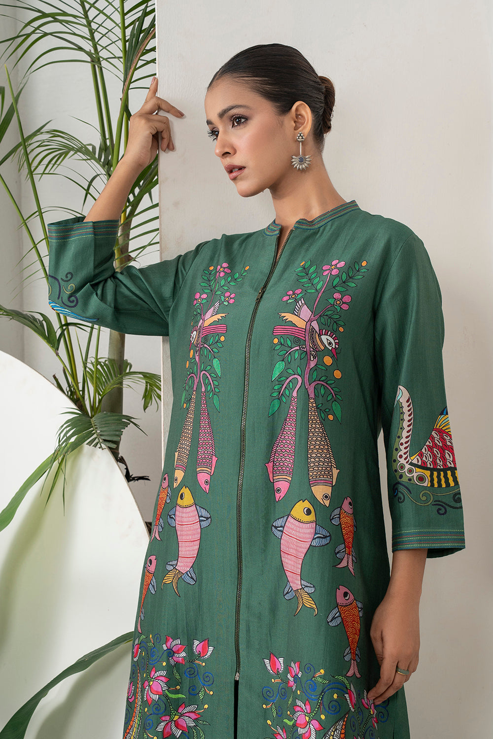 Emerald Silk Chanderi Peacocks And Fish Motifs Printed Dress Set (3 PCS)