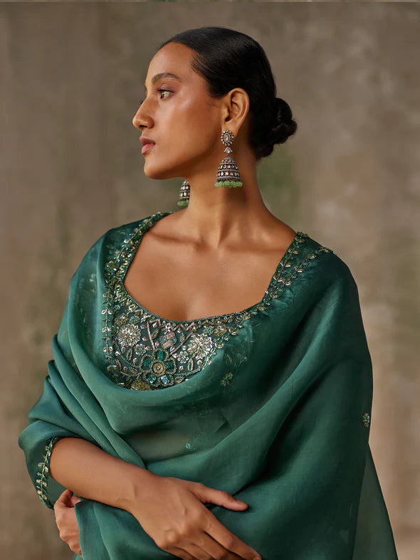SURREAL GREEN SILK ORGANZA LEHENGA SET