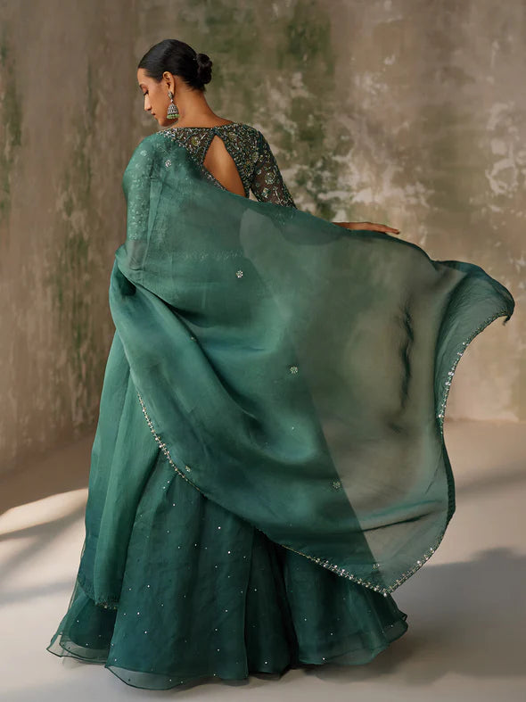 SURREAL GREEN SILK ORGANZA LEHENGA SET