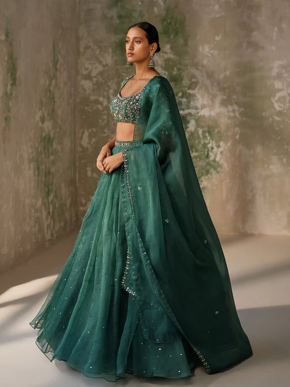 SURREAL GREEN SILK ORGANZA LEHENGA SET