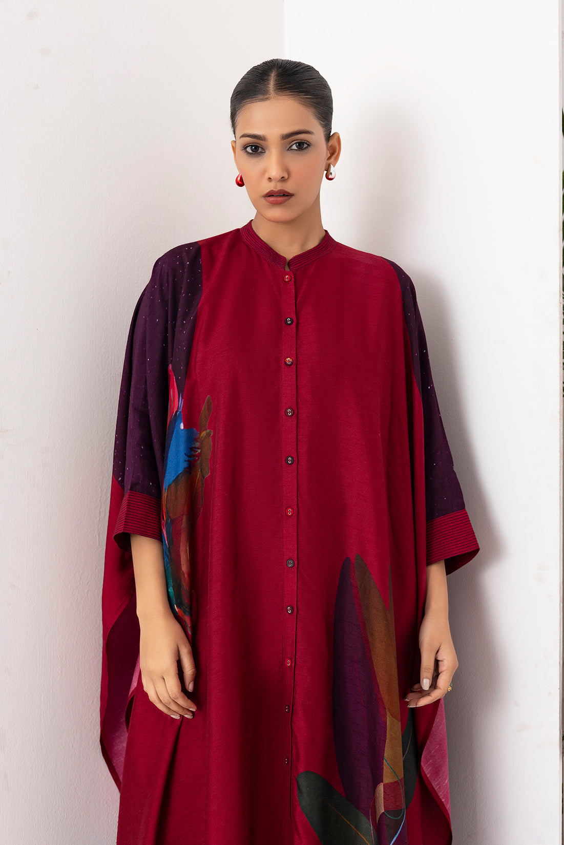 Red Viscose Dupion Printed Kaftaan Style Dress  (1 PC)