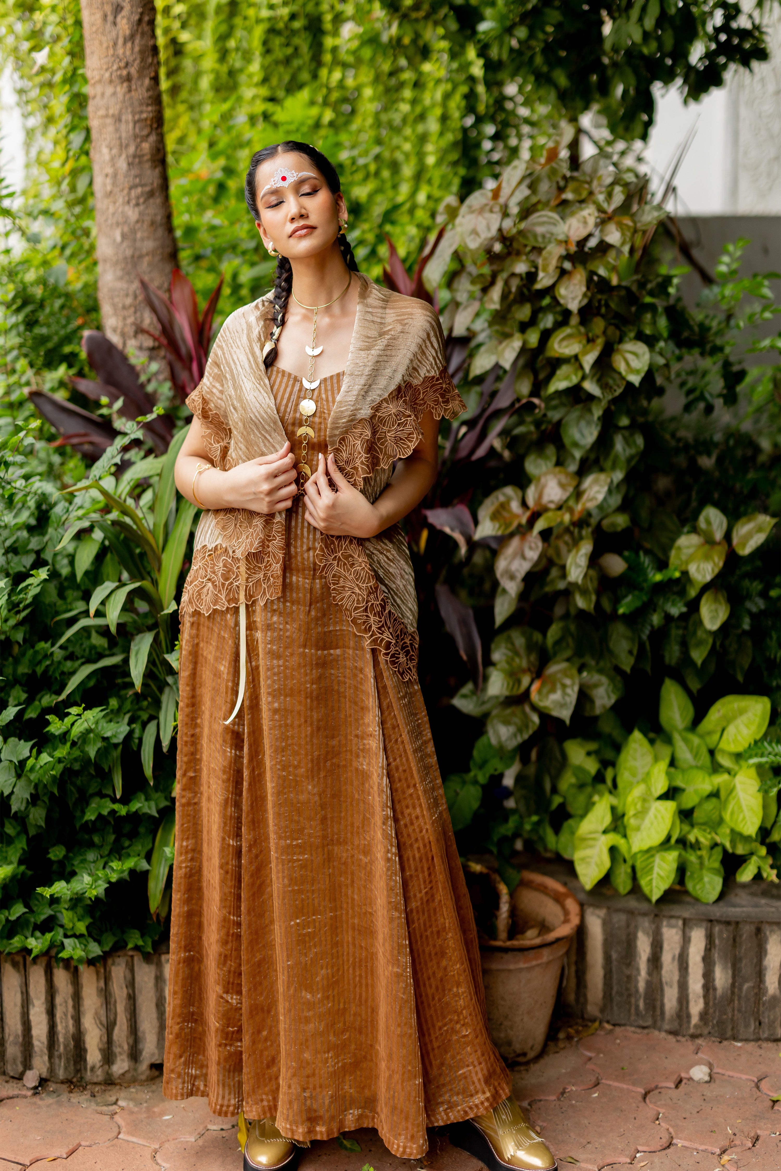 BROWN OVERLAY WITH STRIPE DRESS (Ritvi)