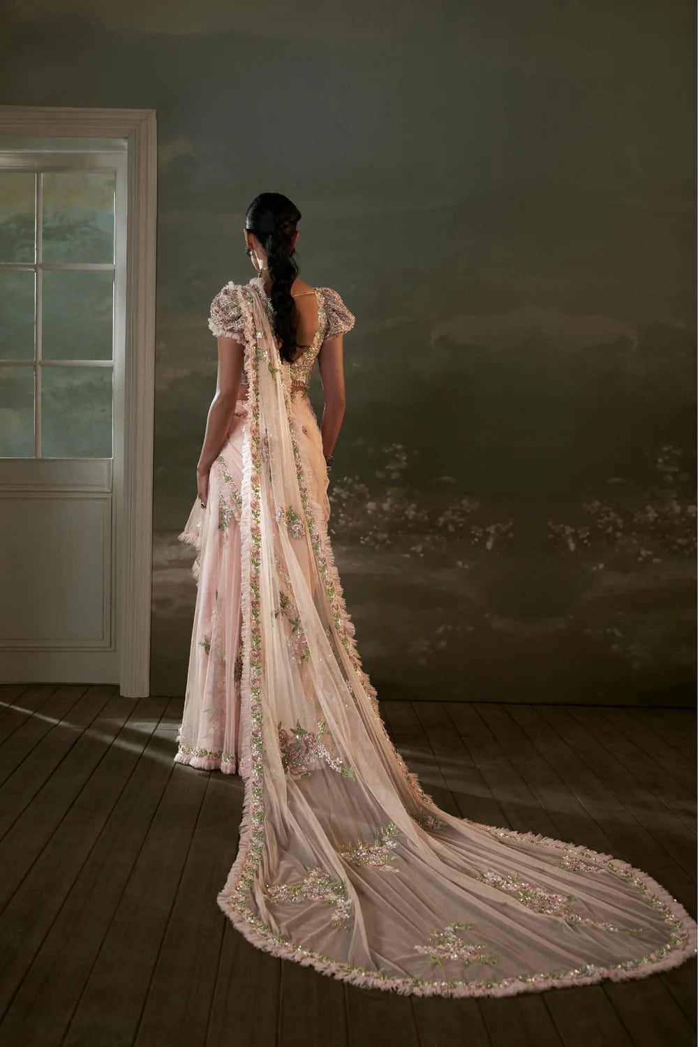 Rose Pink Pre-draped Saree With Trail