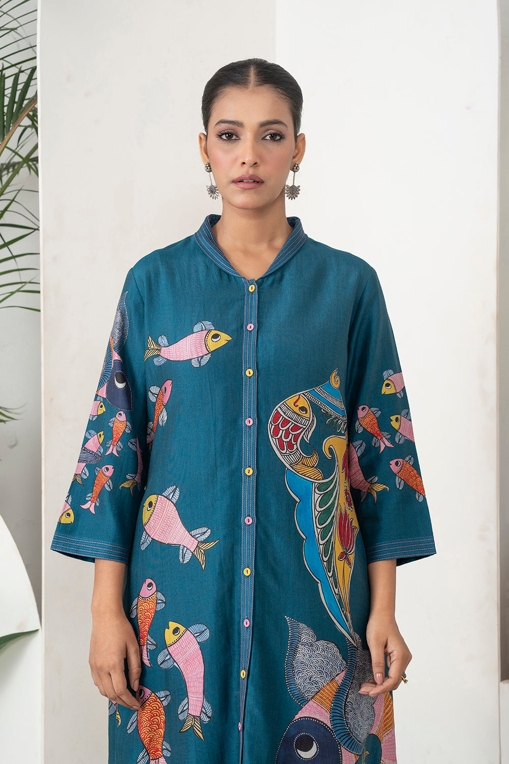 Indigo Silk Chanderi Playful Aquatic Motif Printed Dress Set (3 PCS)