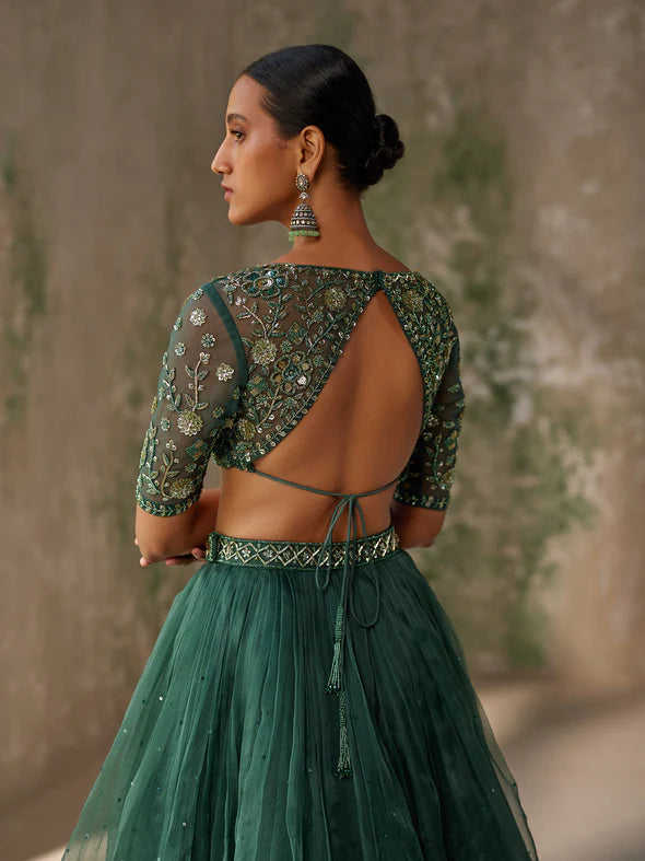 SURREAL GREEN SILK ORGANZA LEHENGA SET