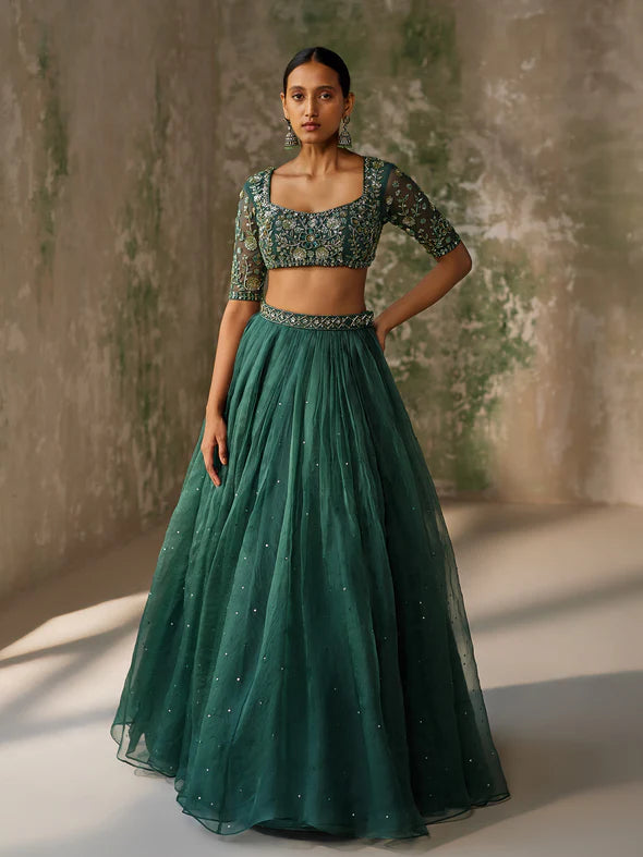 SURREAL GREEN SILK ORGANZA LEHENGA SET