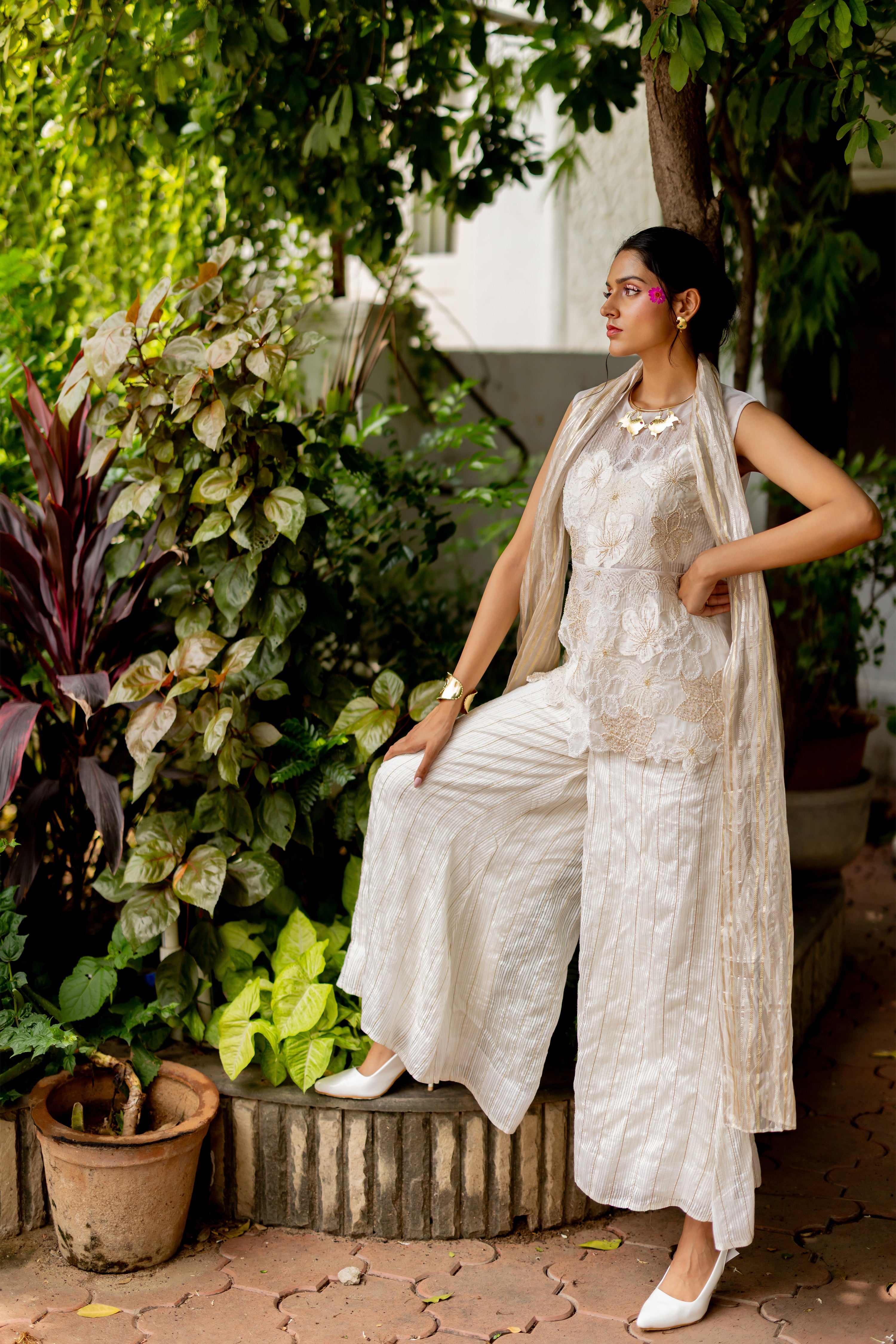 "IVORY OVERLAY WITH BUSTIER STRIPE PANTS AND DUPATTA (gouri)"