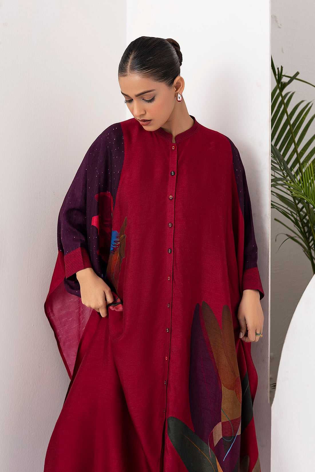 Red Viscose Dupion Printed Kaftaan Style Dress  (1 PC)