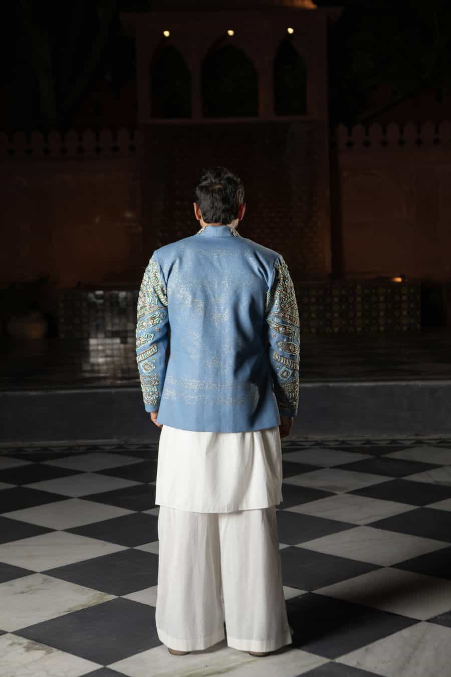 DEVI DRAPE DENIM EMBELLISHED BLAZER WITH KURTA AND PAJAMA
