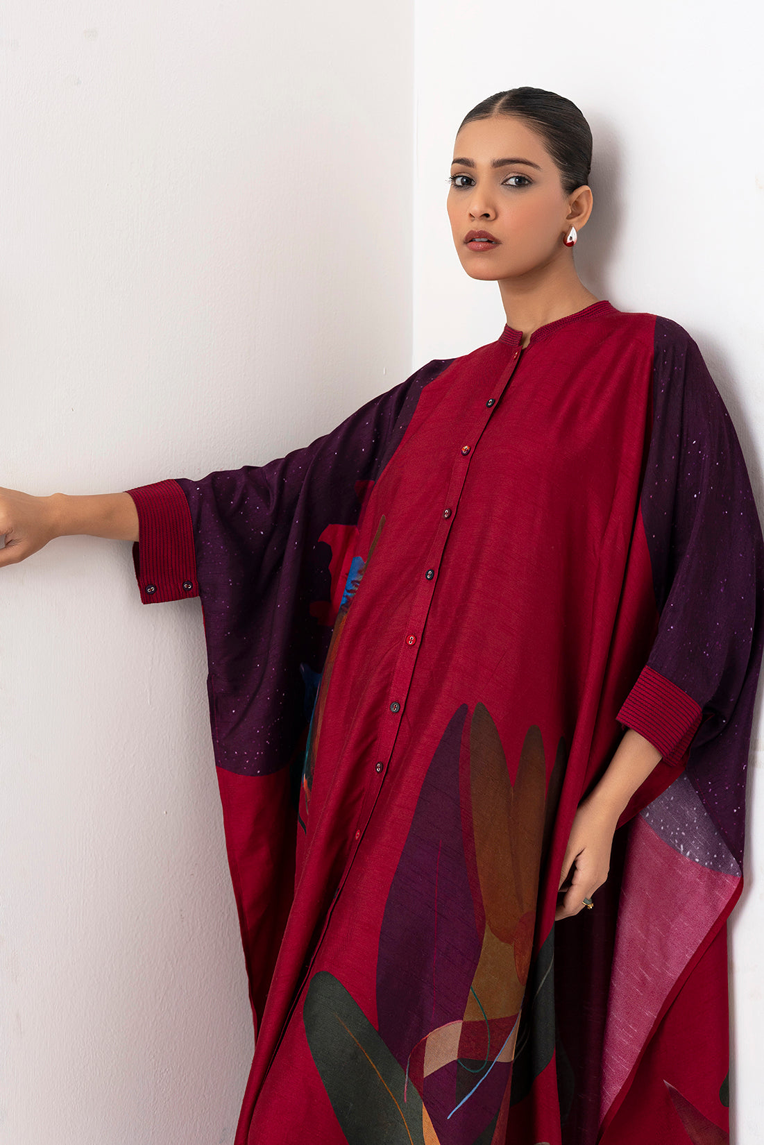 Red Viscose Dupion Printed Kaftaan Style Dress  (1 PC)