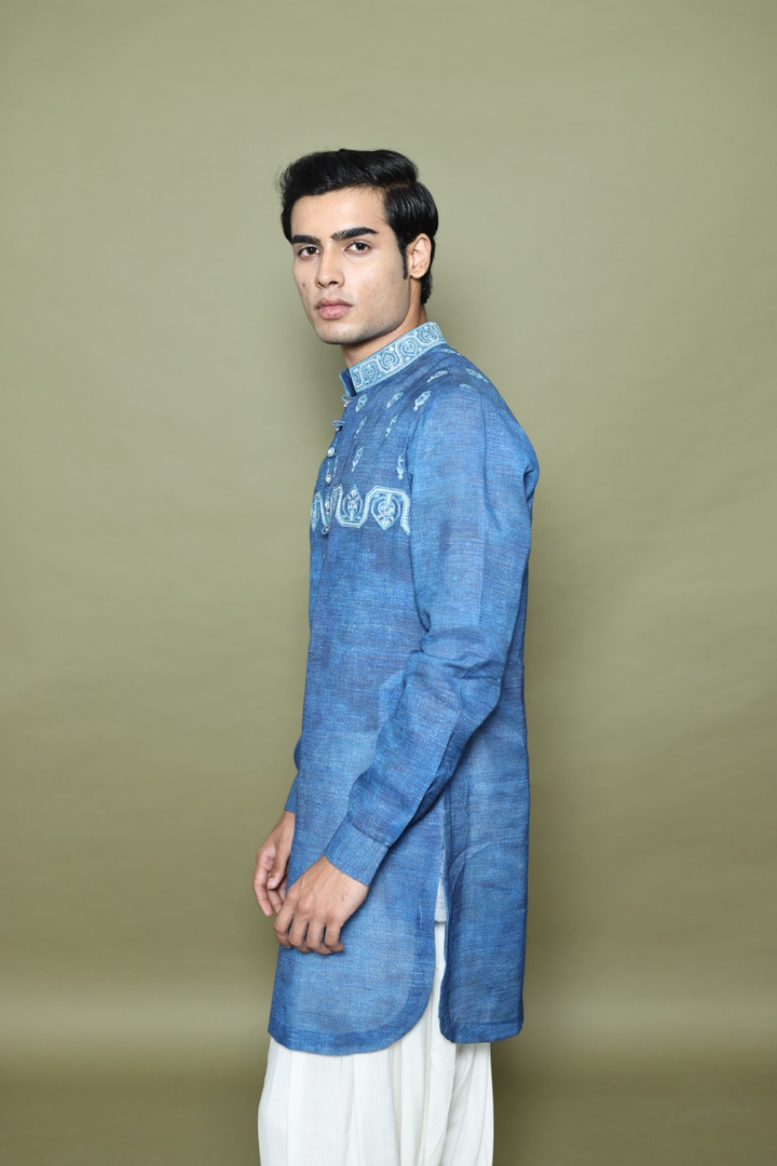 INDIGO PRINTED LINEN KURTA WITH SALWAR