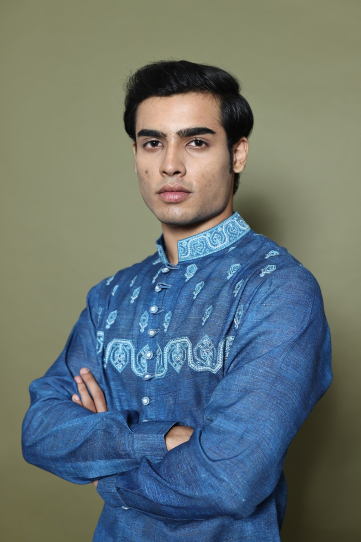 INDIGO PRINTED LINEN KURTA WITH SALWAR