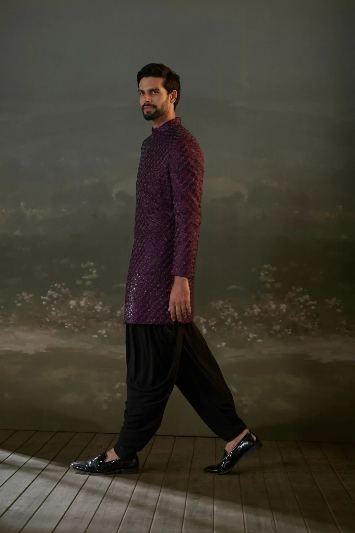 Black Kurta and Dhoti with Purple Embroidered Sherwani