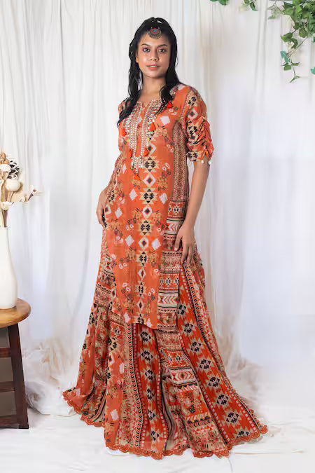 Coral kilim printed kurta with garara