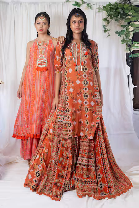 Coral kilim printed kurta with garara
