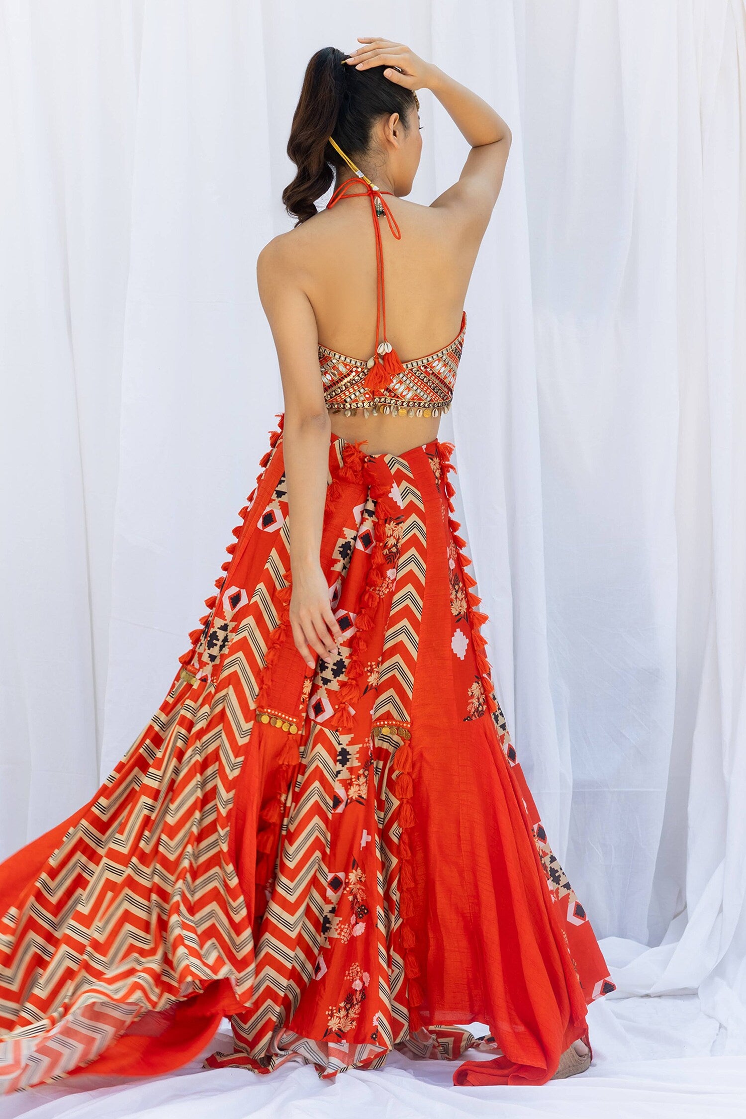 Sunburnt patchwork skirt with embroidered choli