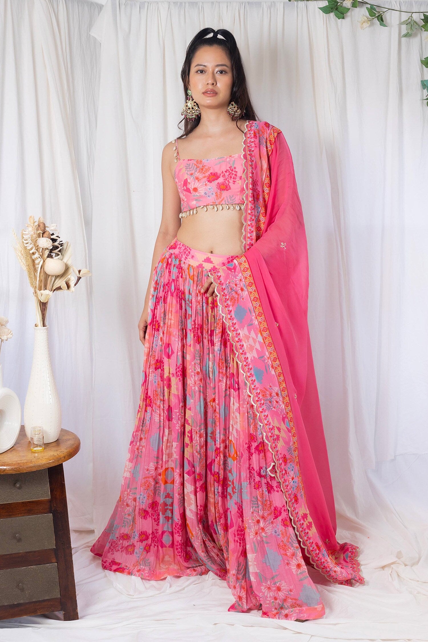 Pink printed lehengas with choli