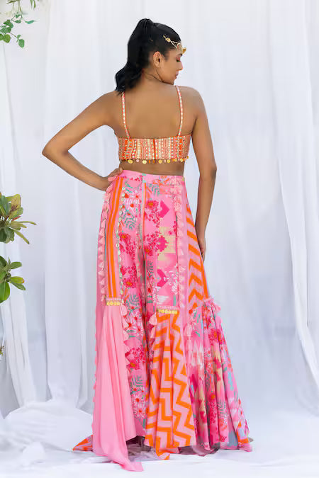 Pink patchwork palazzo with mirror work bustier