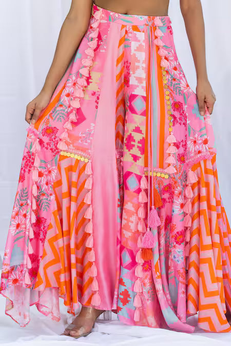 Pink patchwork palazzo with mirror work bustier