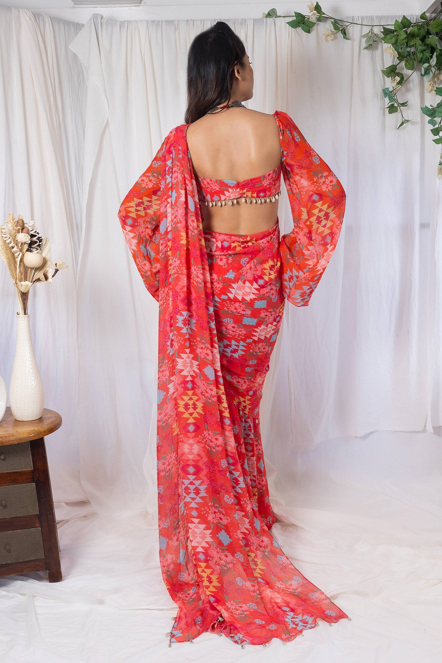 Coral kilim printed saree