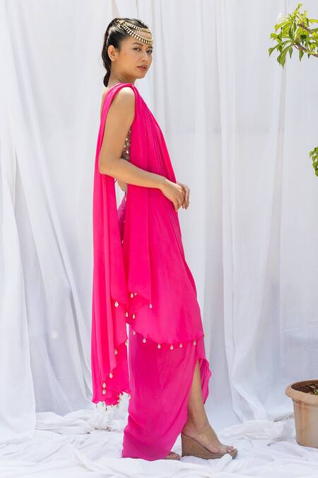 Fuchsia pink draped saree with embroidered choli
