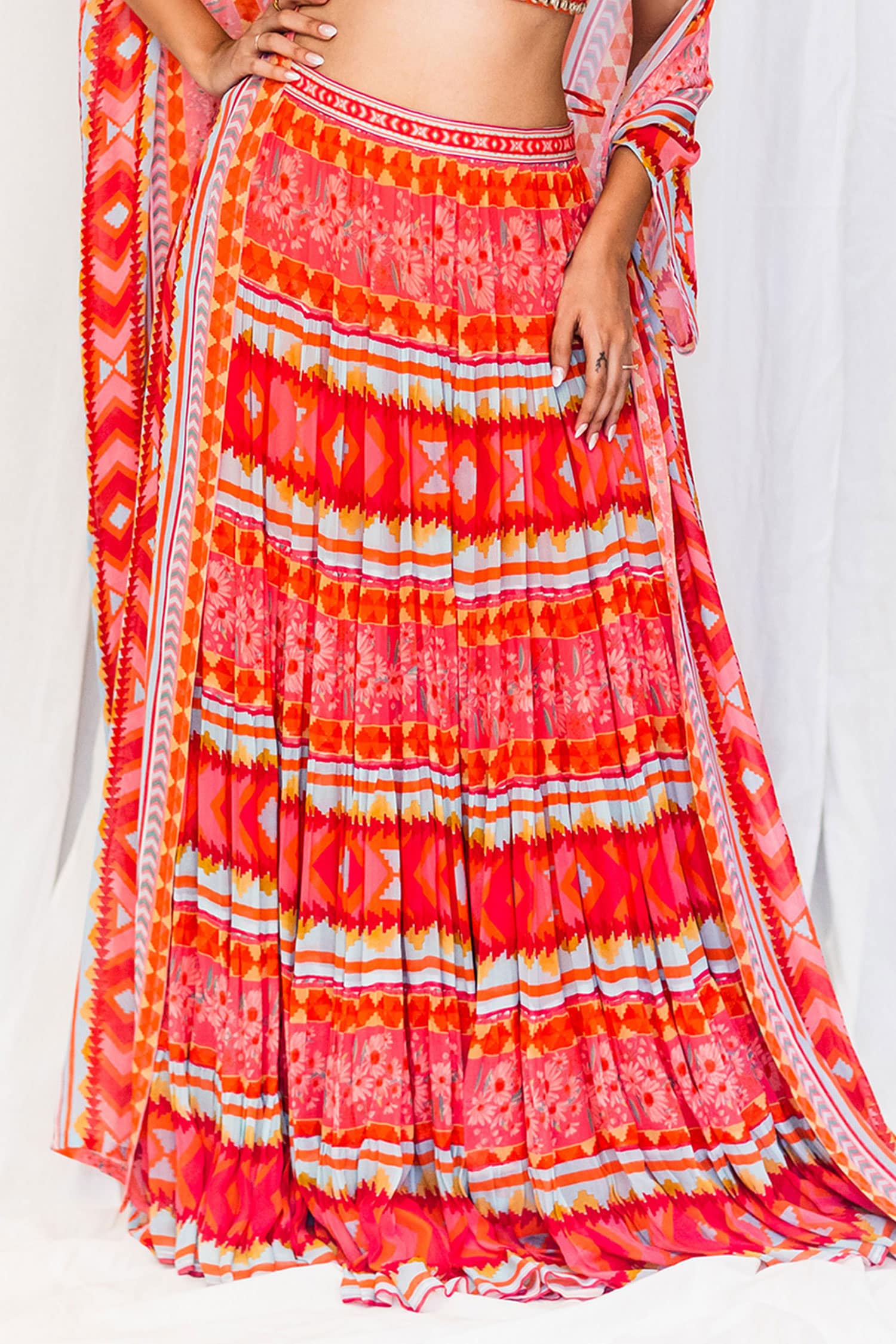 Orange Kilim printed tiered Lehenga