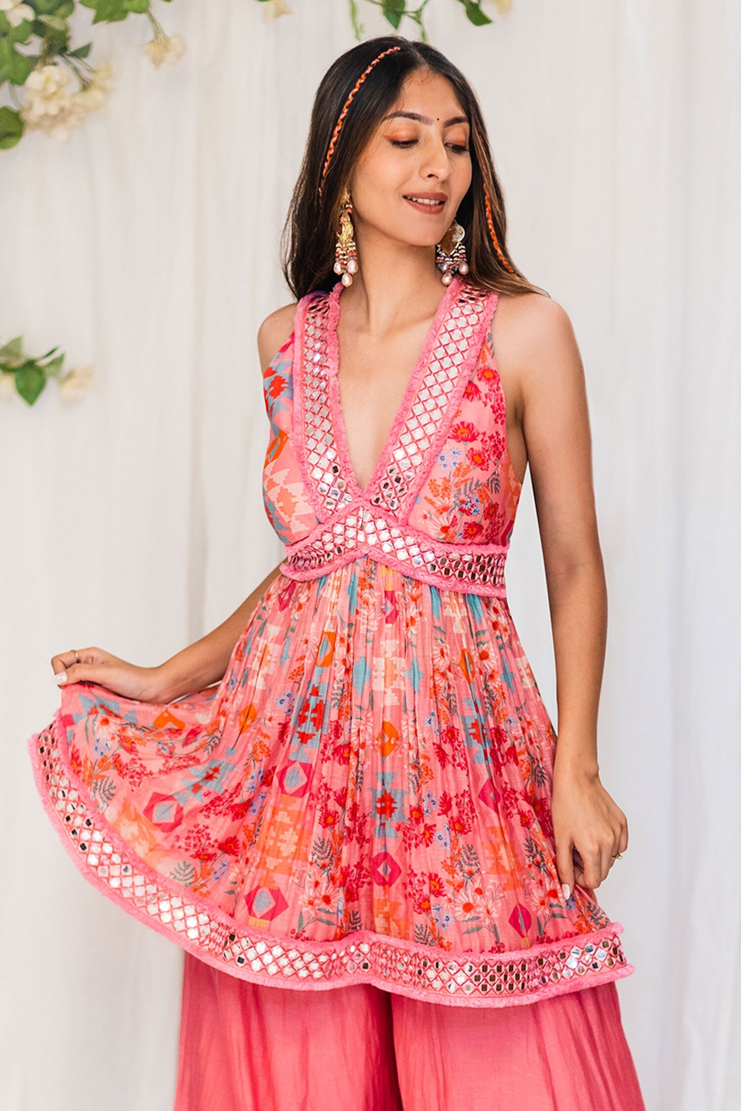 pink chanderi kilim print peplum set