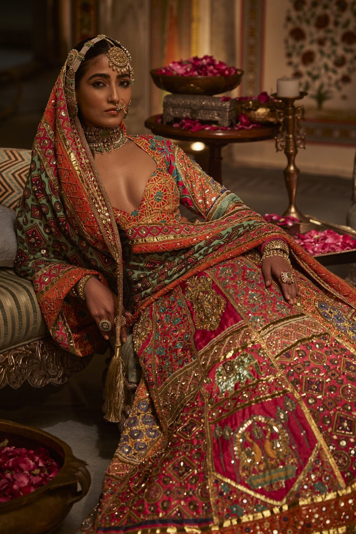 Multicolour Silk Lehenga Set With Animal Motifs