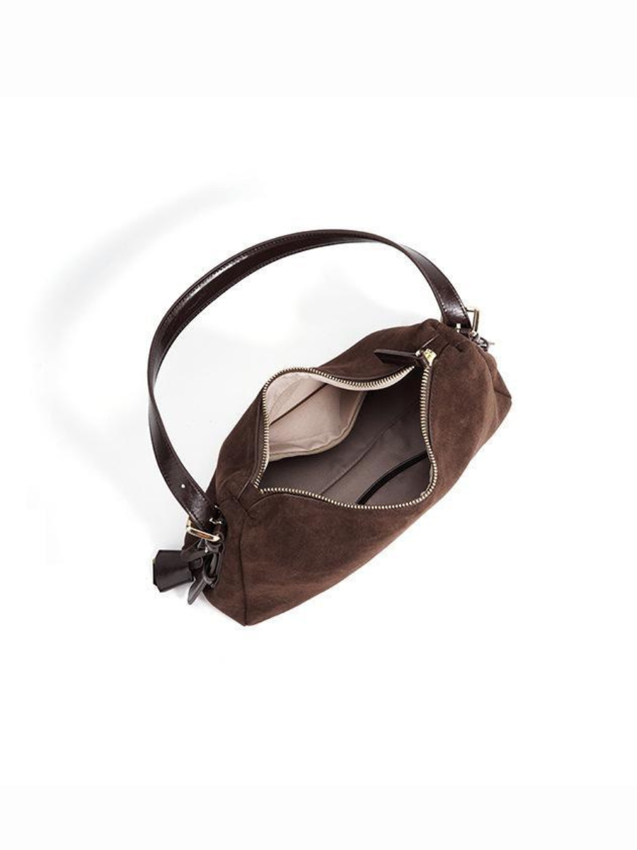 Velena - Ladies suede Leather Baguette Bag, col. Chocolate