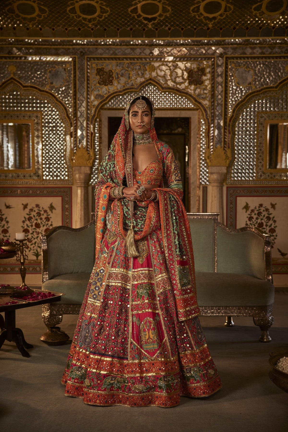 Multicolour Silk Lehenga Set With Animal Motifs