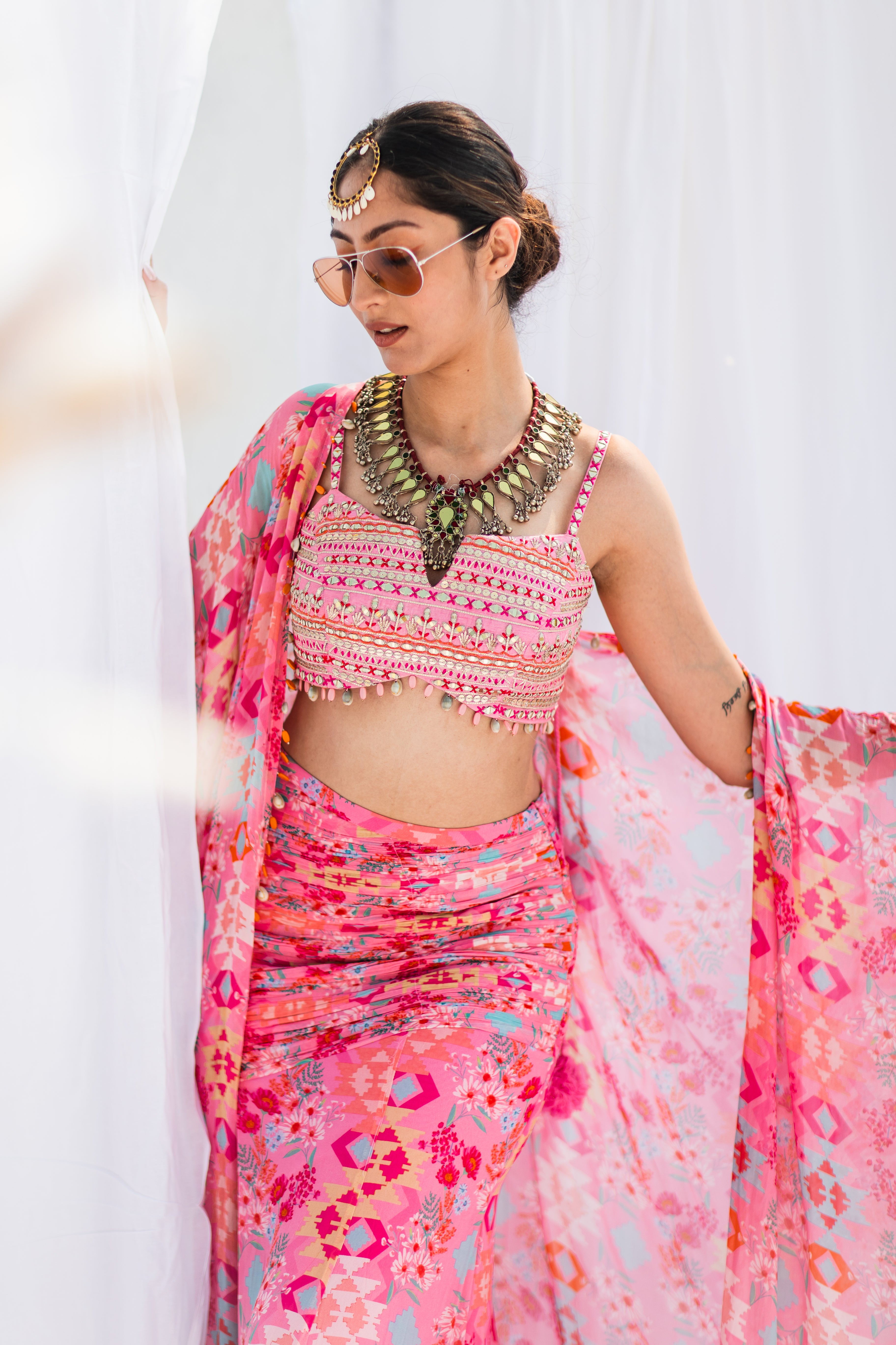 Pink drape high slit Skirt