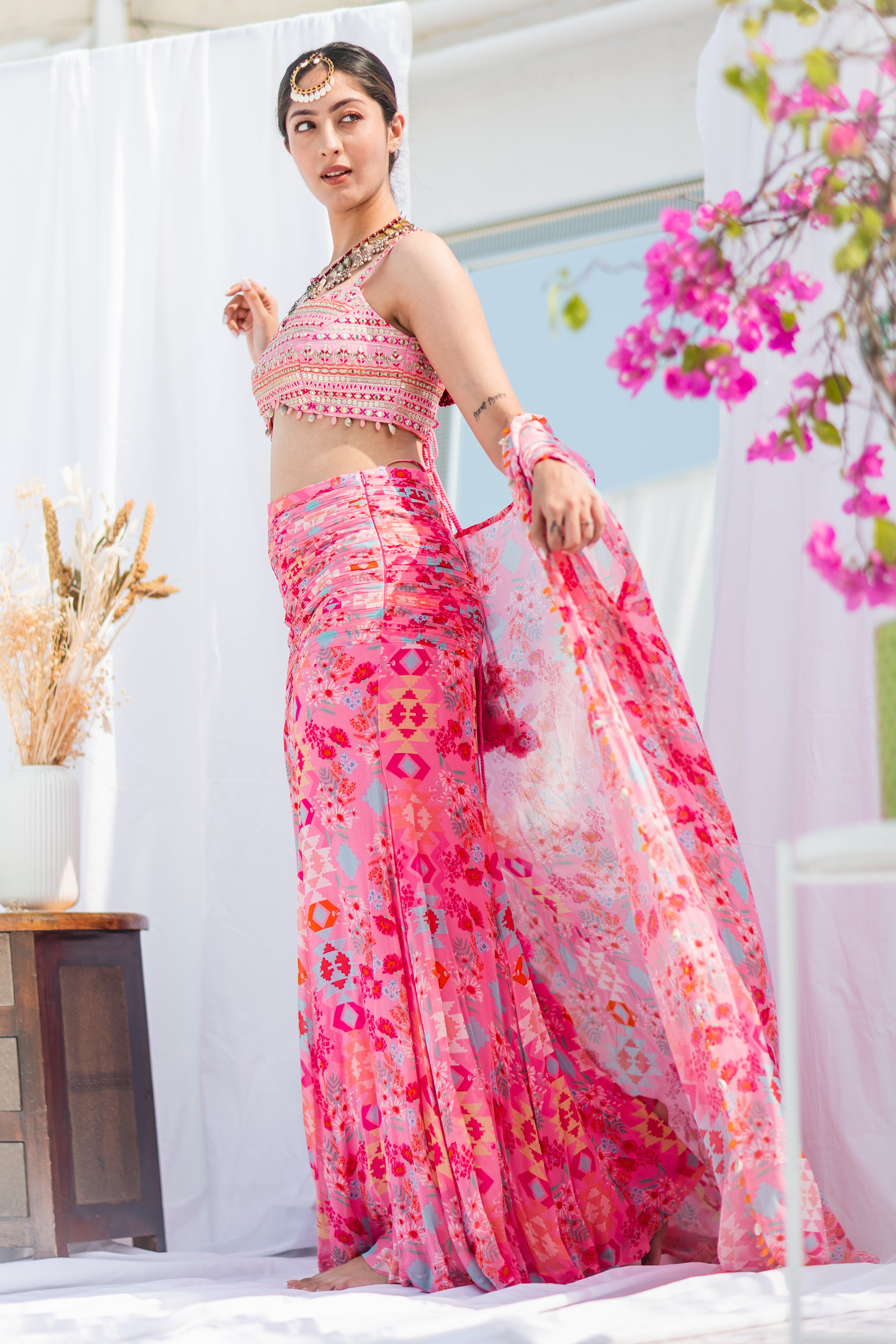 Pink drape high slit Skirt