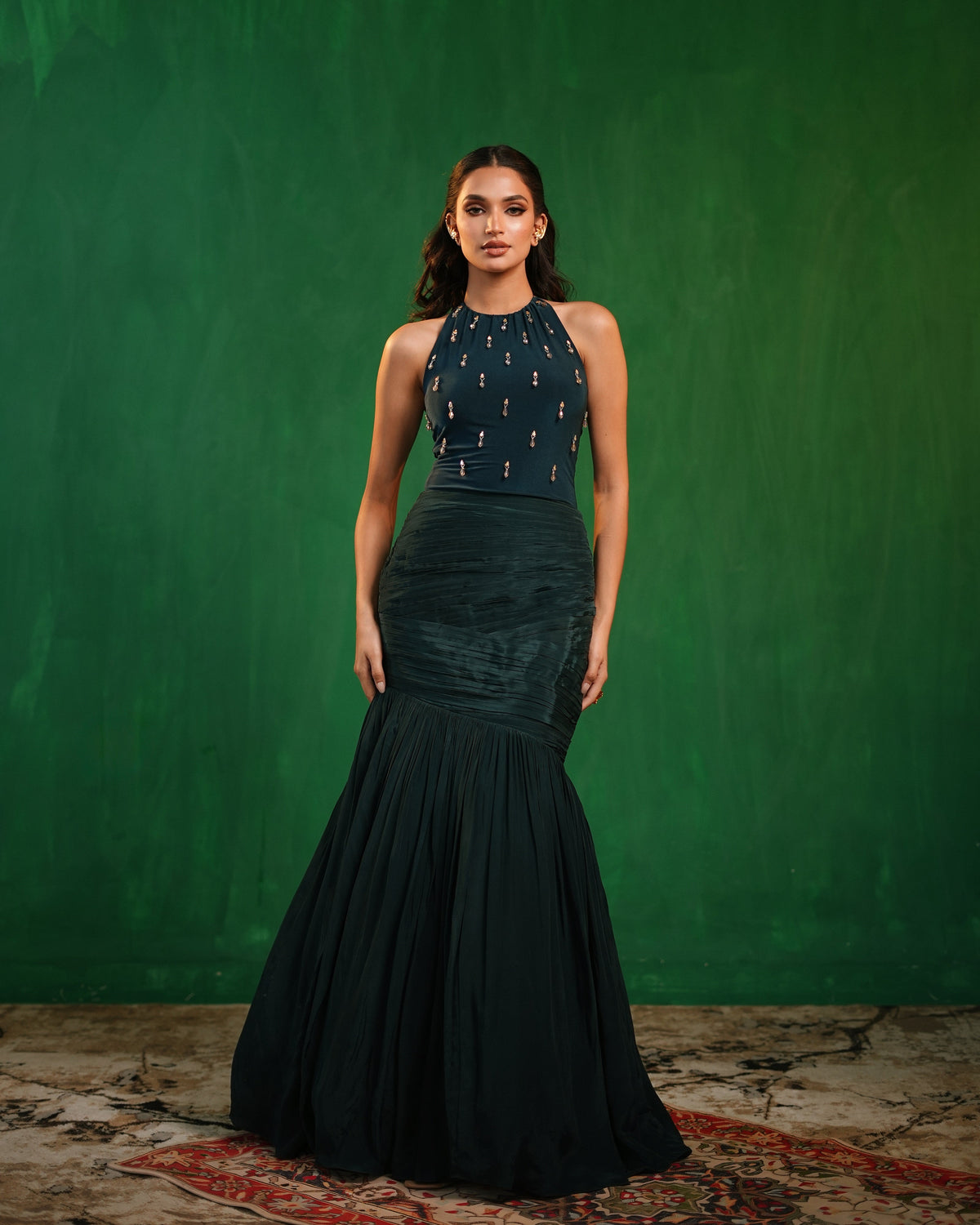 Midnight Green Halterneck Bodysuit With Drape Mermaid Skirt Set  (Set of 2)