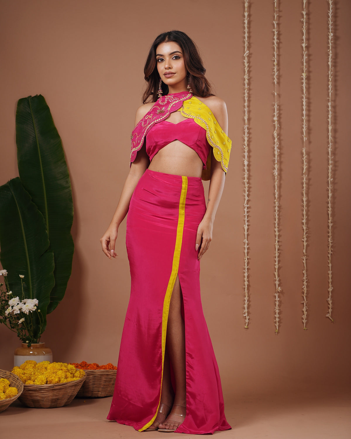 Rani-Yellow Halter Neck Skirt Set (Set of 3)