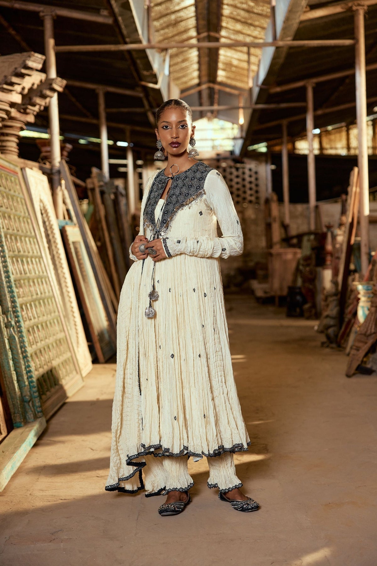 BEIGE CRUSH OPEN ANARKALI WITH KURTA AND CHURIDAR