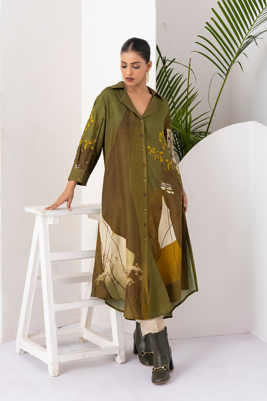 Moss Green Shaded Viscose Dupion Printed Dress  (1 PC)