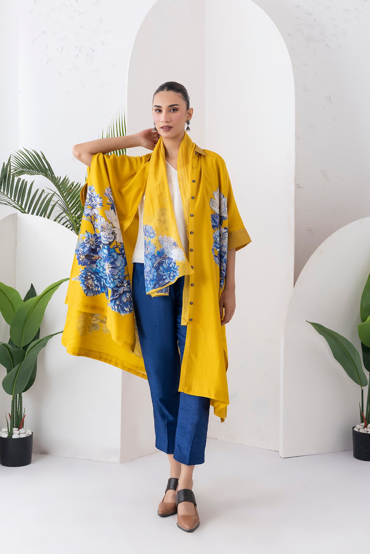 Yellow Silk Chanderi Front Open Kaftan Style Printed Dress (1 PC)