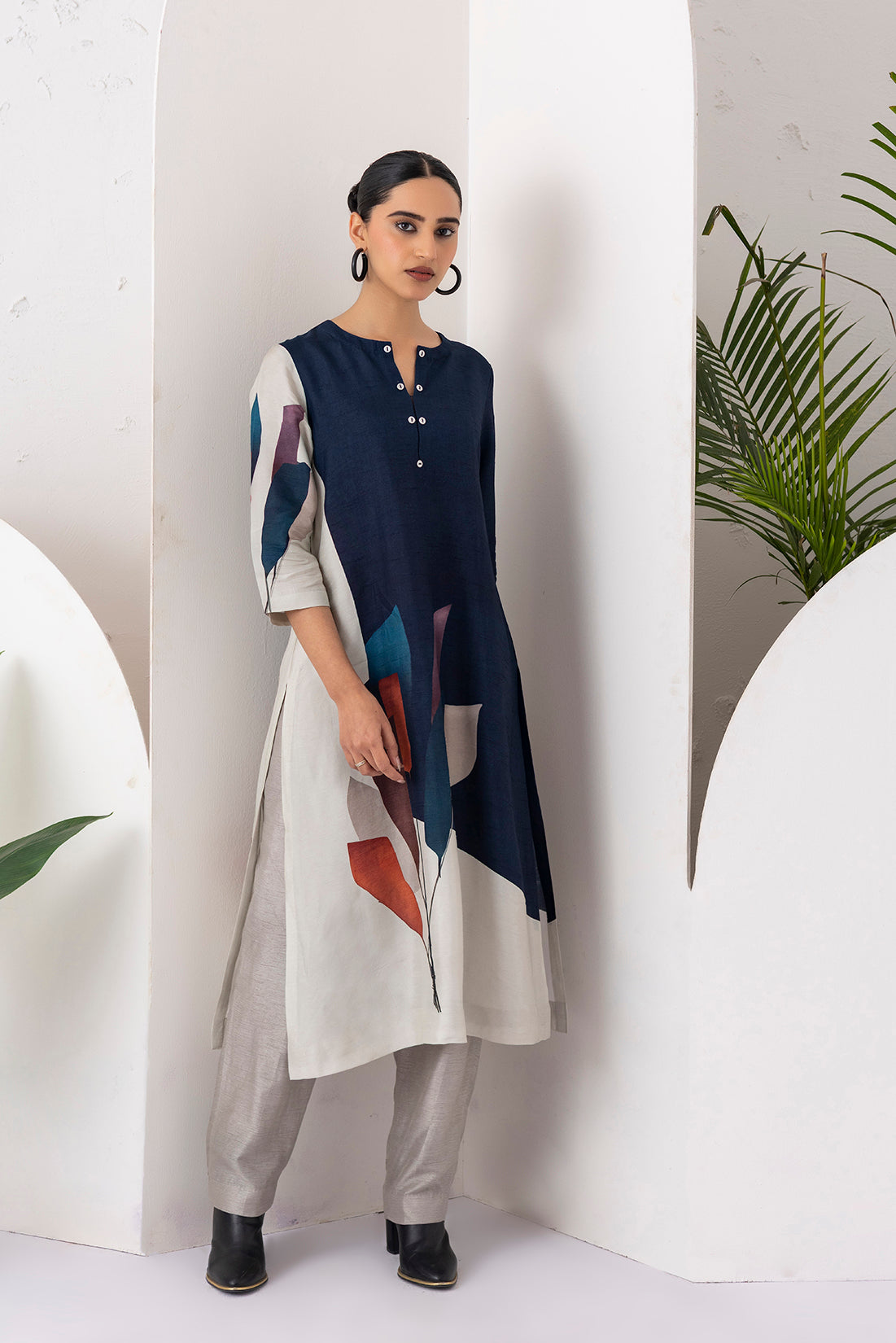 Blue & Ivory Viscose Dupion Printed Tunic  (1 PC)