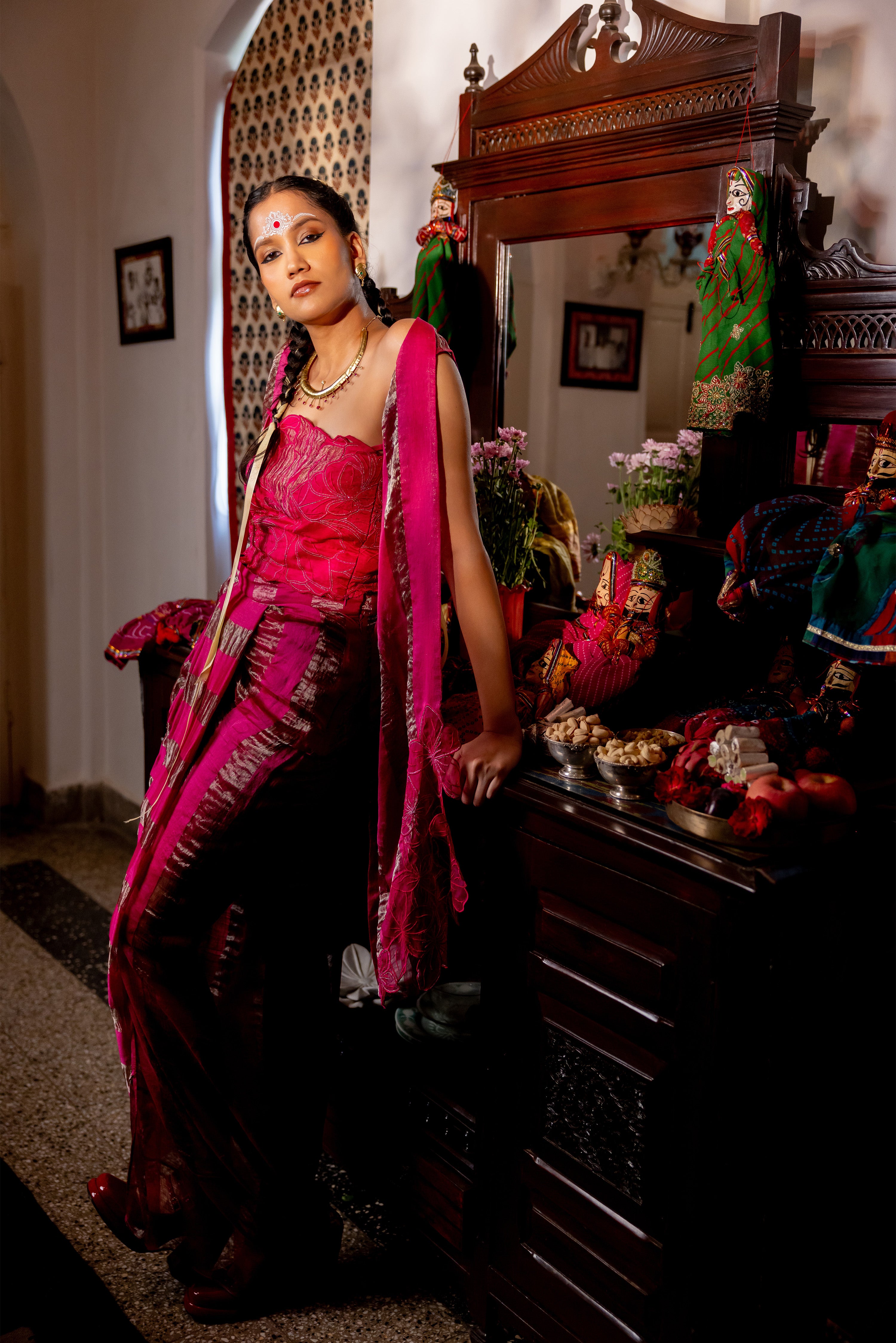 HOT PINK TUBE TOP , PLEATED SKIRT, OVERLAY (Velora)