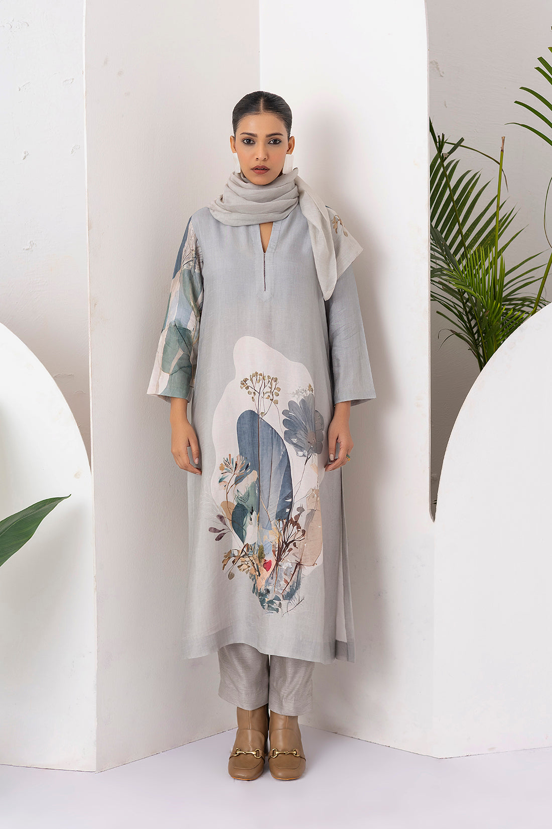 Grey Thin Chanderi Printed Stole  (1 PC)