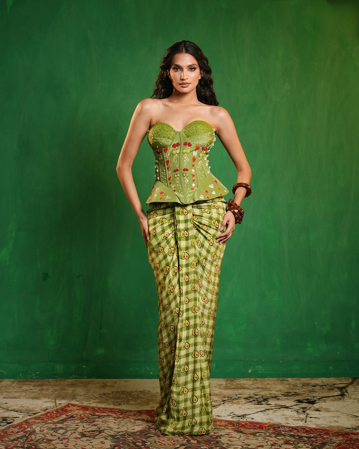 Avocado Printed Corset Drape Set (Set of 2)