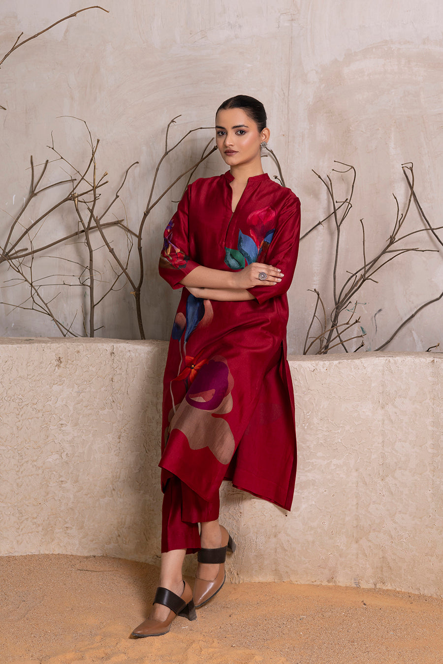 Red Silk Chanderi Printed Tunic (1 PC)