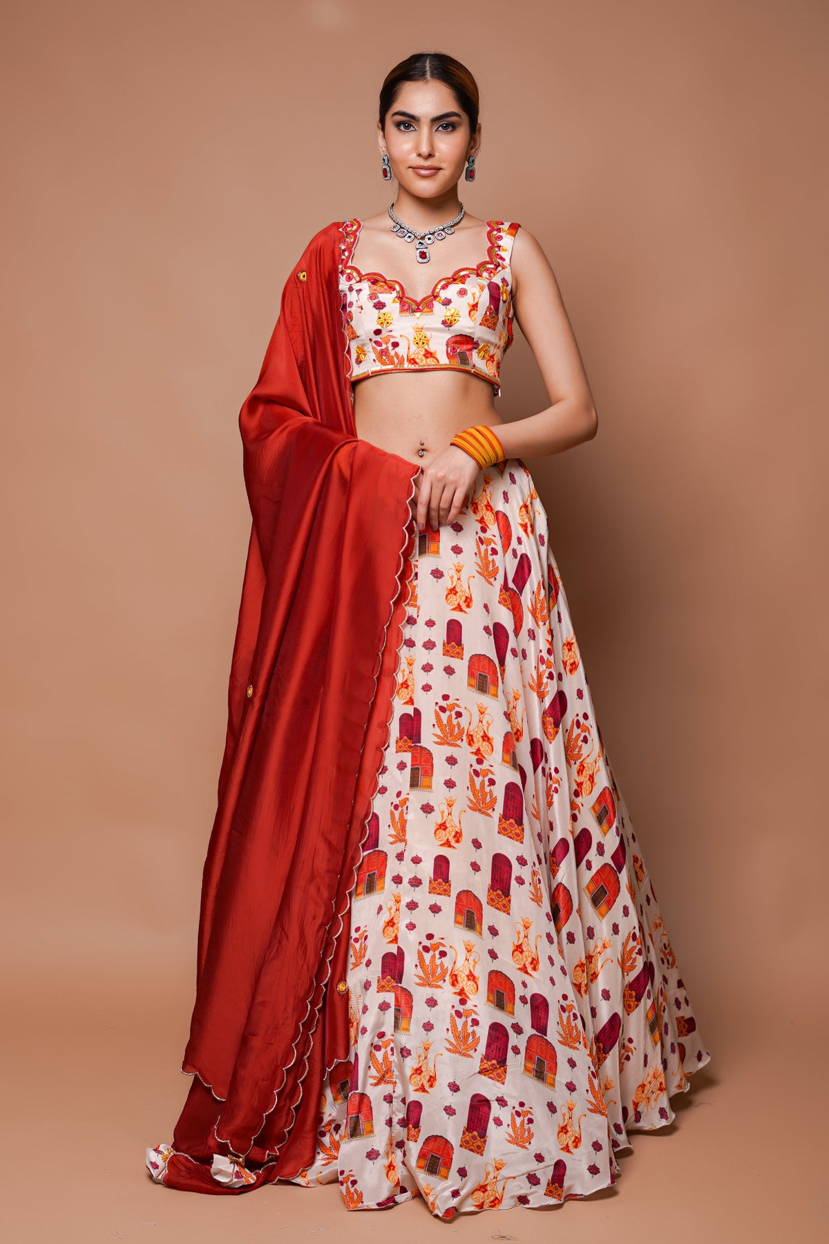 CREAM  DIGITAL PRINT LEHENGA SET (SET OF 3)
