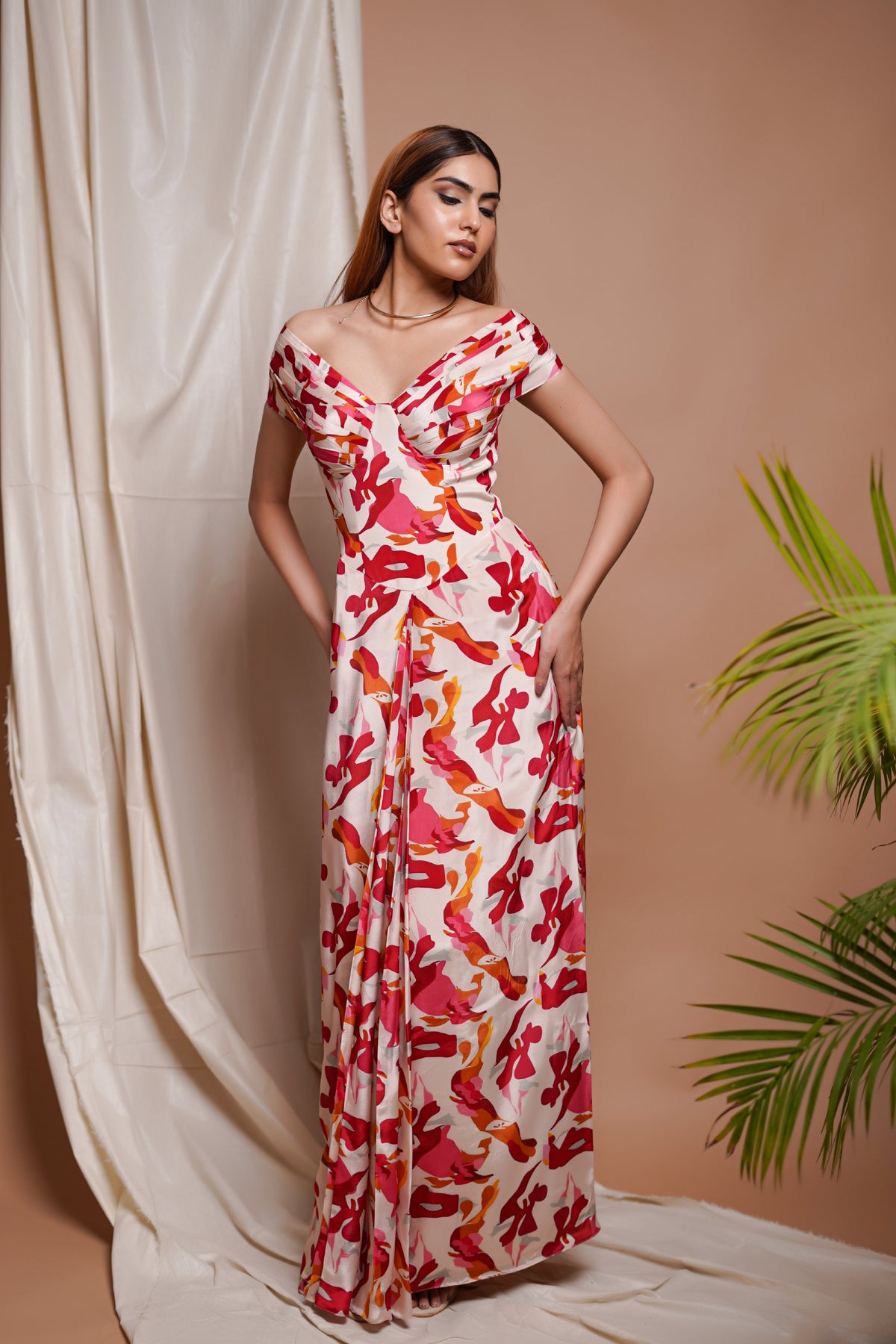 CREAM ABSTRACT OFF SHOULDER CORSET DRAPE DRESS